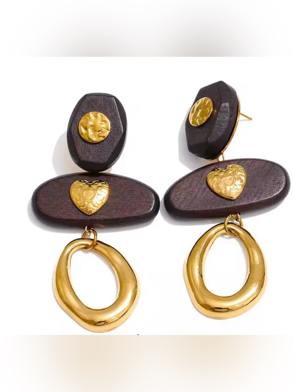 Gold and Dark Brown Heart Accent Drop Earrings - Women Jewelry